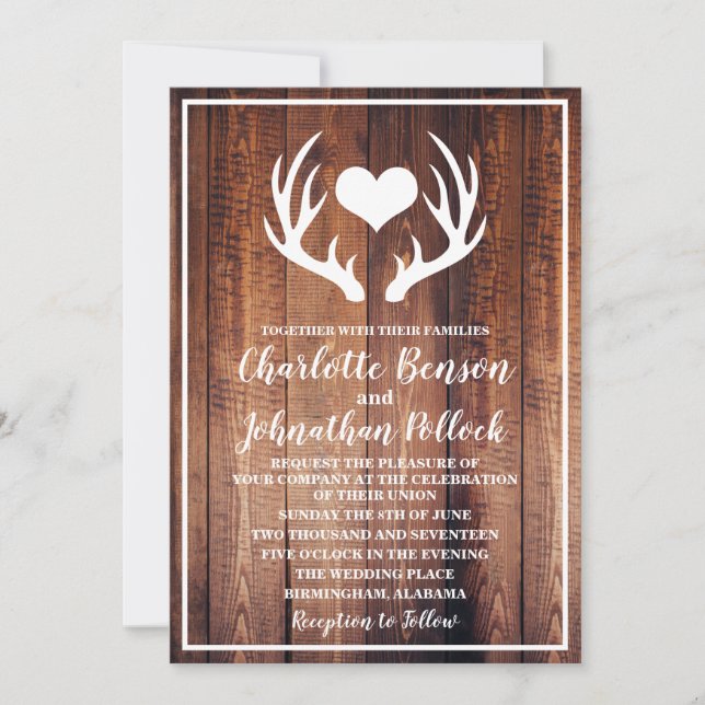 Rustic Dark Barn Wood & White Deer Antlers Wedding Invitation (Front)