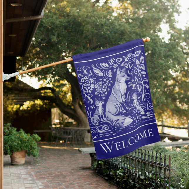 Rustic Dark Blue Fox Family Woodland Welcome House Flag (In SItu)