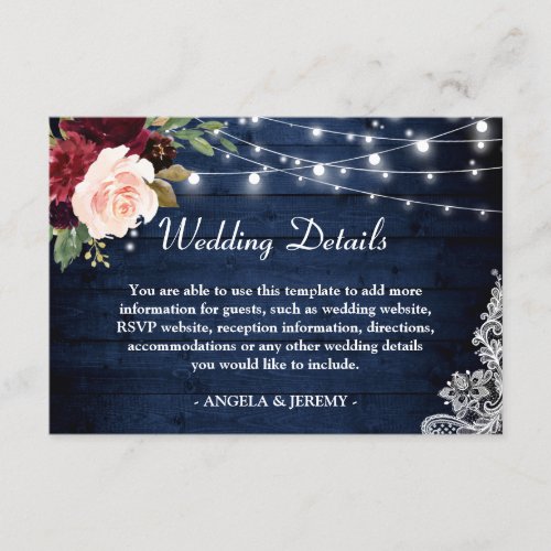 Rustic Dark Blue Red Floral Lights Wedding Details Enclosure Card - Customize this "Rustic Dark Blue Red Floral Lights Wedding Details Card" to perfectly match your invitations. You are able to add more info on the back of the card. For further customization, please click the "customize further" link and use our design tool to modify this template. If you need help or matching items, please contact me.