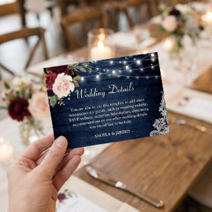 Rustic Dark Blue Red Floral Lights Wedding Details Enclosure Card