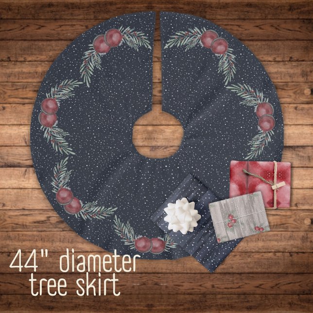 Rustic Dark Blue Snowy Christmas Balls Berries Brushed Polyester Tree Skirt (Creator Uploaded)