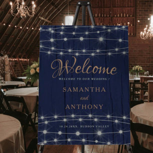Rustic Dark Blue String Lights Wedding Welcome Foam Board