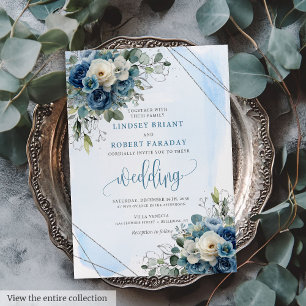 Rustic Dark Blue White Roses Silver Wedding Invite