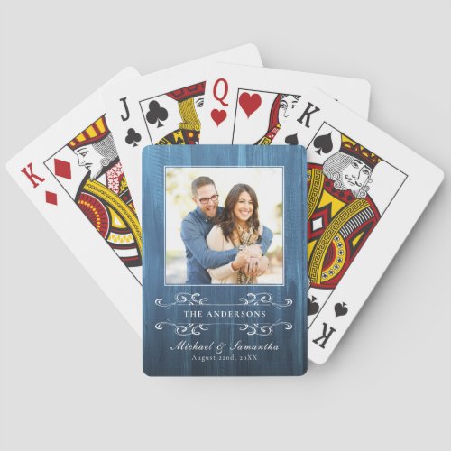 Rustic Dark Blue Wood Flourish Wedding Photo Playing Cards