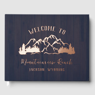 Rustic Dark Blue Wood Mountain Landscape Foil Guest Book