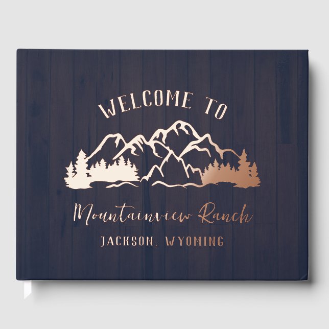 Rustic Dark Blue Wood Mountain Landscape Foil Guest Book (Front)