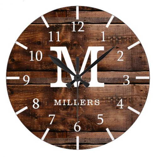 Rustic Dark Brown Barn Wood Family Name Monogram Large Clock