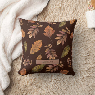 Rustic Dark Brown Fall Leaves Autumn Pattern Name Throw Pillow