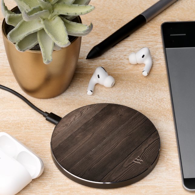 Rustic Dark Brown Faux Woodgrain Texture Monogram Wireless Charger (Desk 2)
