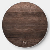 Rustic Dark Brown Faux Woodgrain Texture Monogram Wireless Charger (Front)