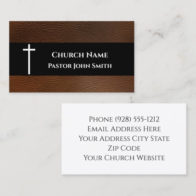 Rustic Dark Brown Leather Church Business Card (Front/Back)