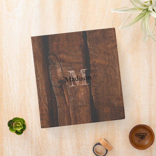 Rustic dark brown old wood Monogram 3 Ring Binder (In Situ)
