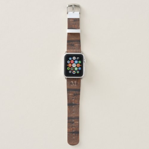 Rustic dark brown old wood Monogram Apple Watch Band