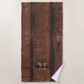 Rustic Dark Brown Old Wood Monogram Beach Towel by PLdesign at Zazzle