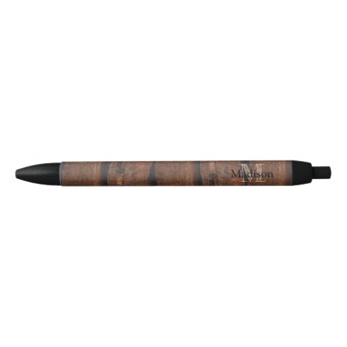 Rustic dark brown old wood Monogram Black Ink Pen