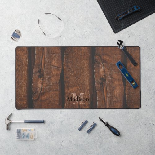Rustic dark brown old wood Monogram Desk Mat