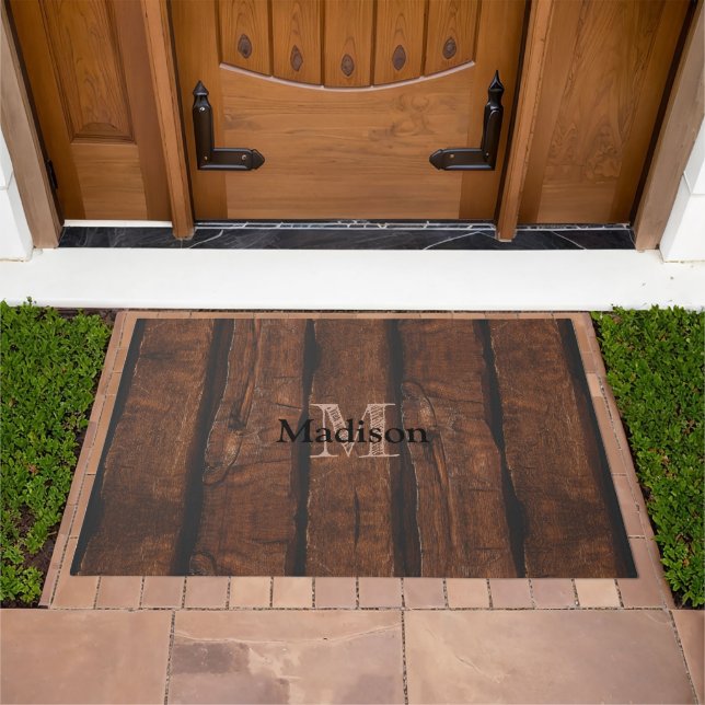 Rustic dark brown old wood Monogram Doormat (Outdoor)