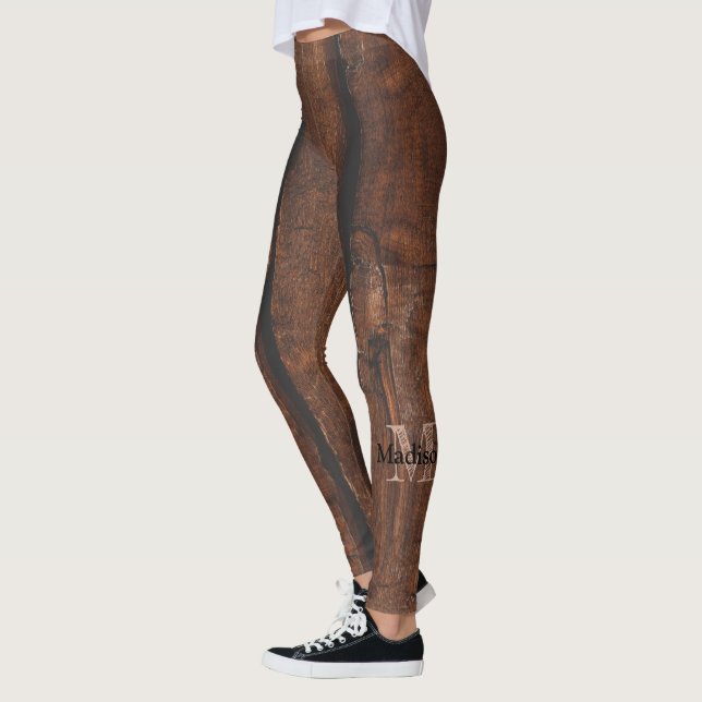 Rustic dark brown old wood Monogram Leggings (Left)