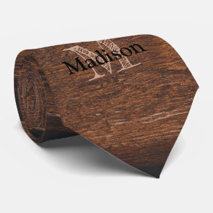 Rustic dark brown old wood Monogram Neck Tie
