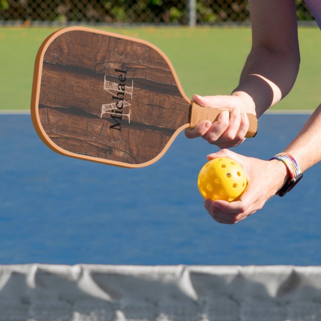 Rustic dark brown old wood Monogram Pickleball Paddle (Insitu)
