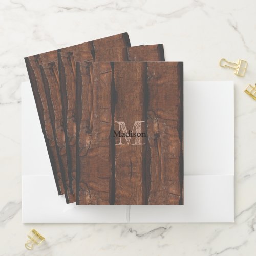 Rustic dark brown old wood Monogram Pocket Folder