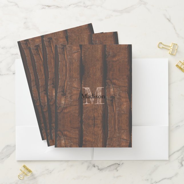 Rustic dark brown old wood Monogram Pocket Folder (In Situ)