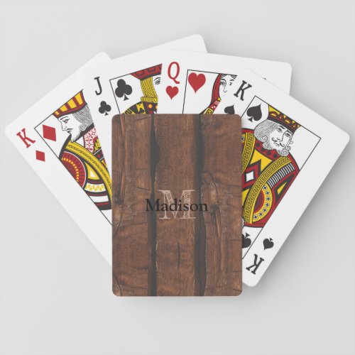 Rustic dark brown old wood Monogram Poker Cards