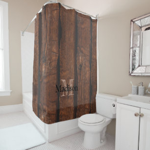 Rustic dark brown old wood Monogram Shower Curtain