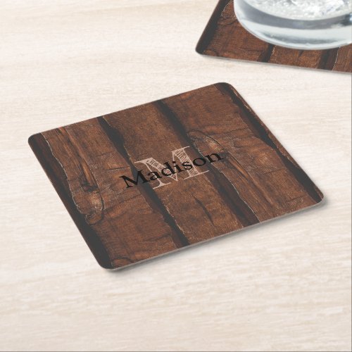 Rustic dark brown old wood Monogram Square Paper Coaster