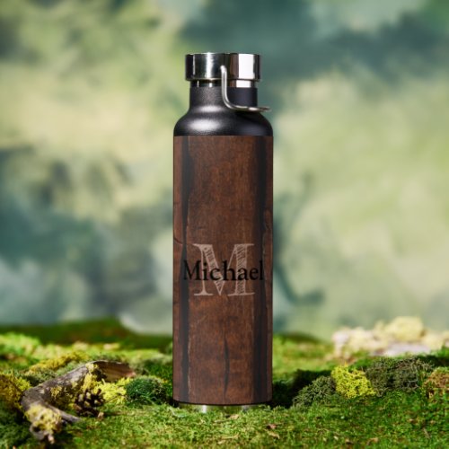 Rustic dark brown old wood Monogram Water Bottle