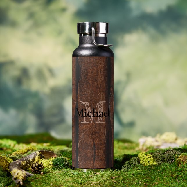 Rustic dark brown old wood Monogram Water Bottle (Outdoor)