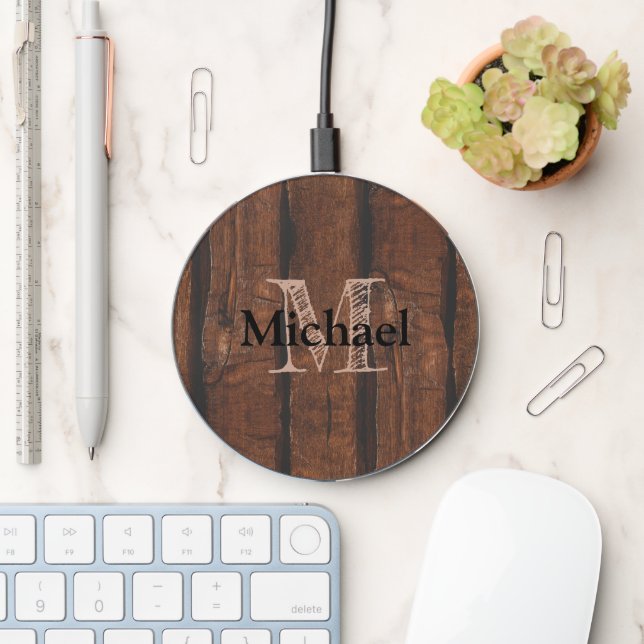 Rustic dark brown old wood Monogram Wireless Charger (Desk)
