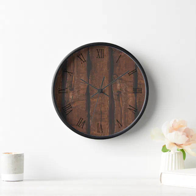 Rustic dark brown old wood roman numbers clock | Zazzle