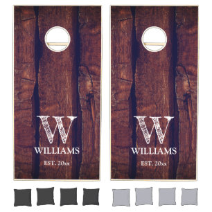 Rustic dark brown red old wood Family Monogram Cornhole Set