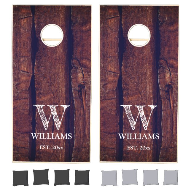 Rustic dark brown red old wood Family Monogram Cornhole Set (Set)