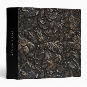 Rustic dark brown tooled leather 3 ring binder