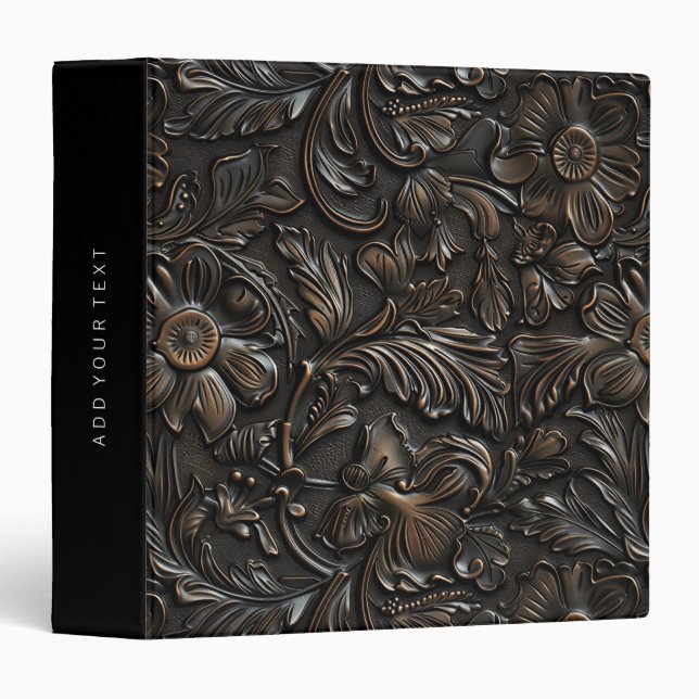Rustic dark brown tooled leather  3 ring binder (Front/Spine)