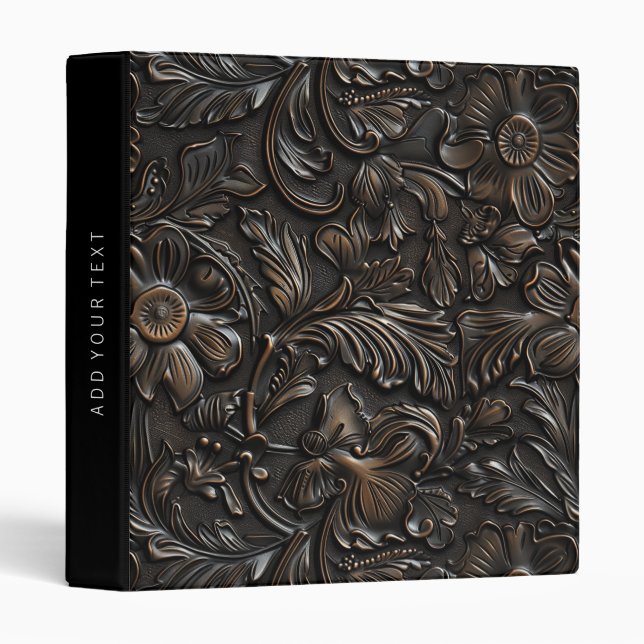 Rustic dark brown tooled leather  3 ring binder (Front/Spine)