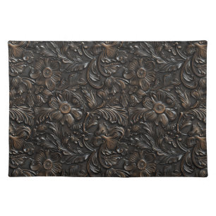 Rustic dark brown tooled leather floral cloth placemat