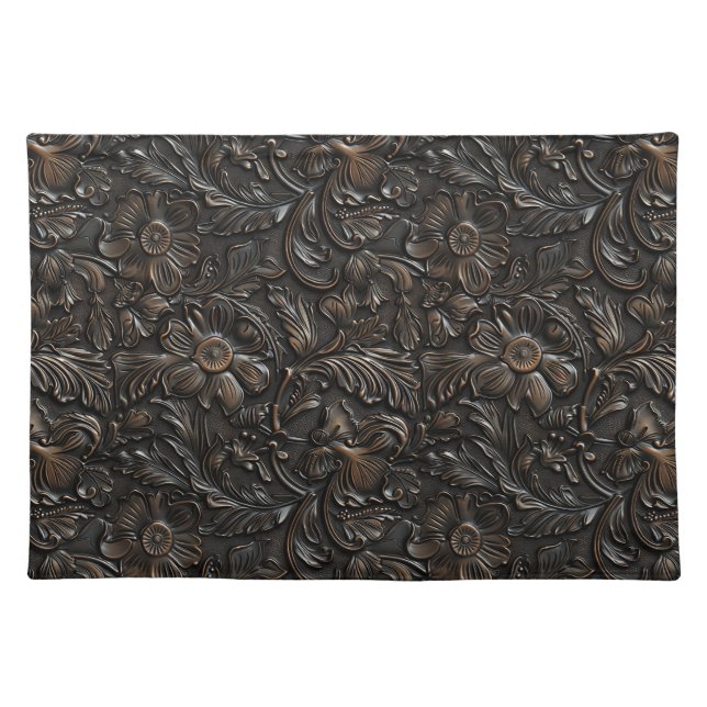 Rustic dark brown tooled leather floral cloth placemat (Front)