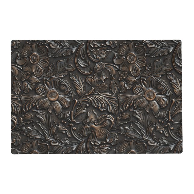 Rustic dark brown tooled leather floral placemat (Front)