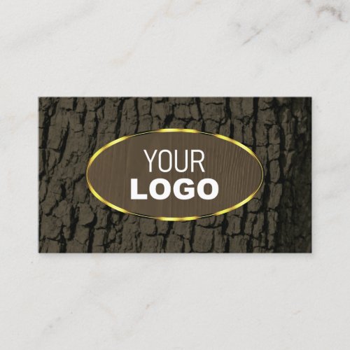 Rustic Dark Brown Tree Bark Grain Gold Border Logo Business Card