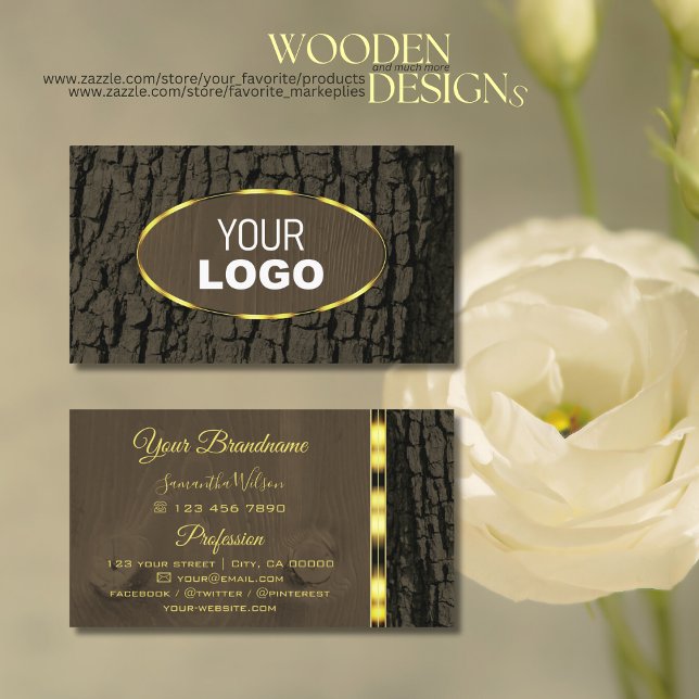 Rustic Dark Brown Tree Bark Grain Gold Border Logo Business Card (Creator Uploaded)