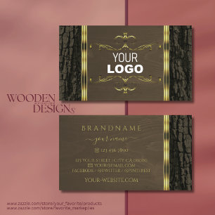 Rustic Dark Brown Tree Bark Grain Gold Border Logo Business Card