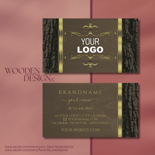 Rustic Dark Brown Tree Bark Grain Gold Border Logo Business Card