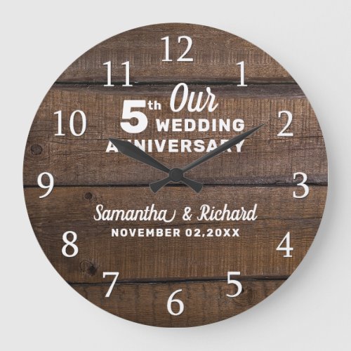 Rustic Dark Brown Wood 5th Wedding Anniversary Large Clock