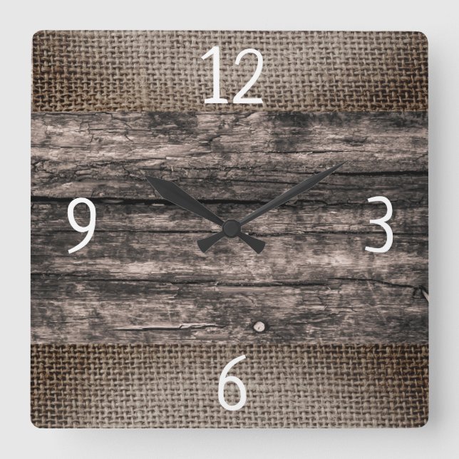 Rustic Dark Brown Wood And Burlap Farmhouse   Square Wall Clock (Front)