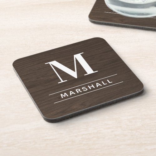 Rustic Dark Brown Wood Custom Monogram Initial Beverage Coaster