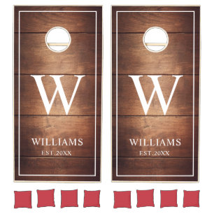 Rustic Dark Brown Wood Family Name Monogram  Cornhole Set
