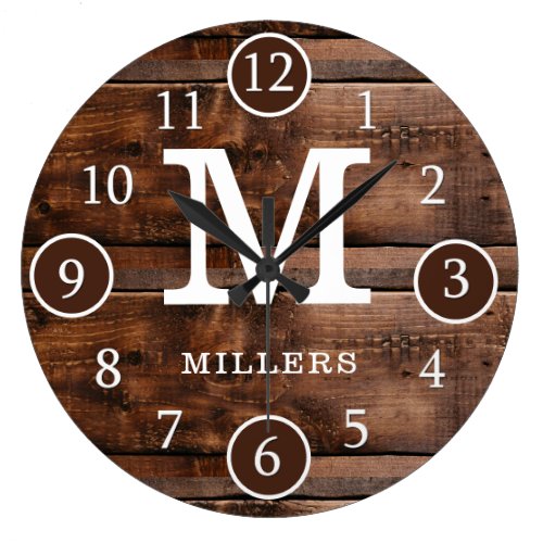 Rustic Dark Brown Wood  Family Name Monogram Large Clock